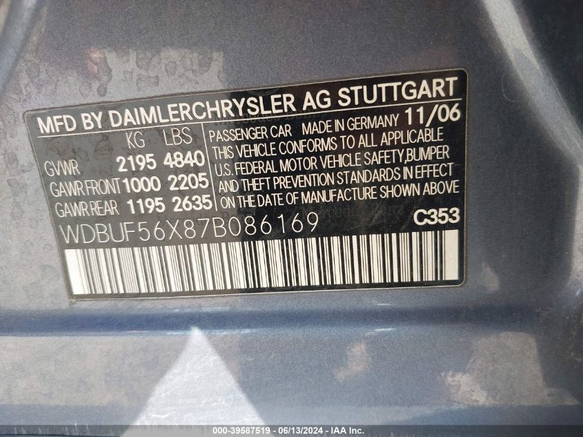 2007 Mercedes-Benz E 350 VIN: WDBUF56X87B086169 Lot: 39587519