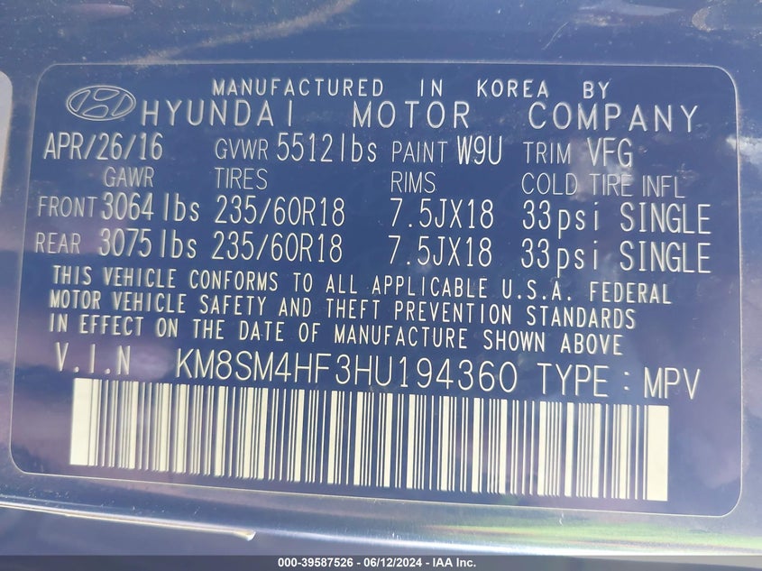 2017 Hyundai Santa Fe Se VIN: KM8SM4HF3HU194360 Lot: 39587526