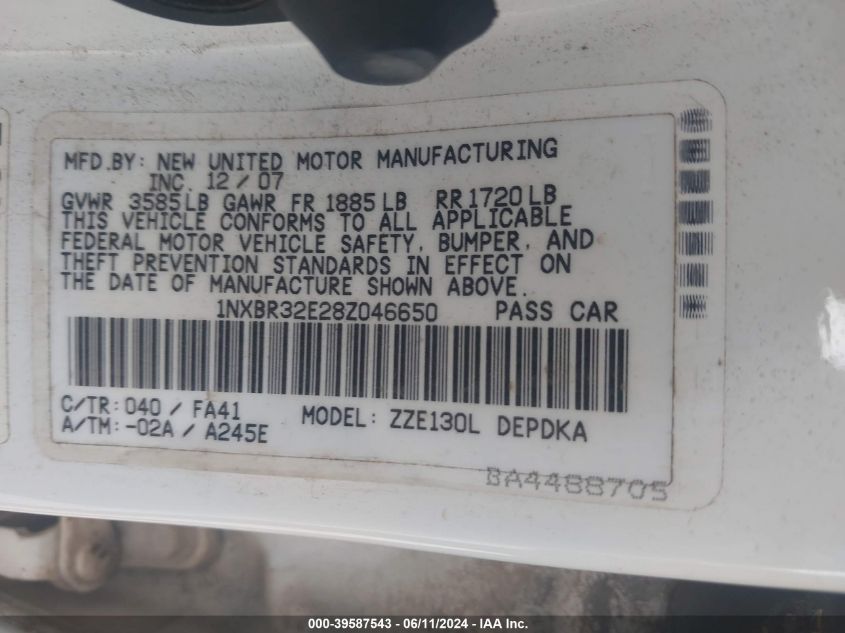 2008 Toyota Corolla Ce VIN: 1NXBR32E28Z046650 Lot: 39587543