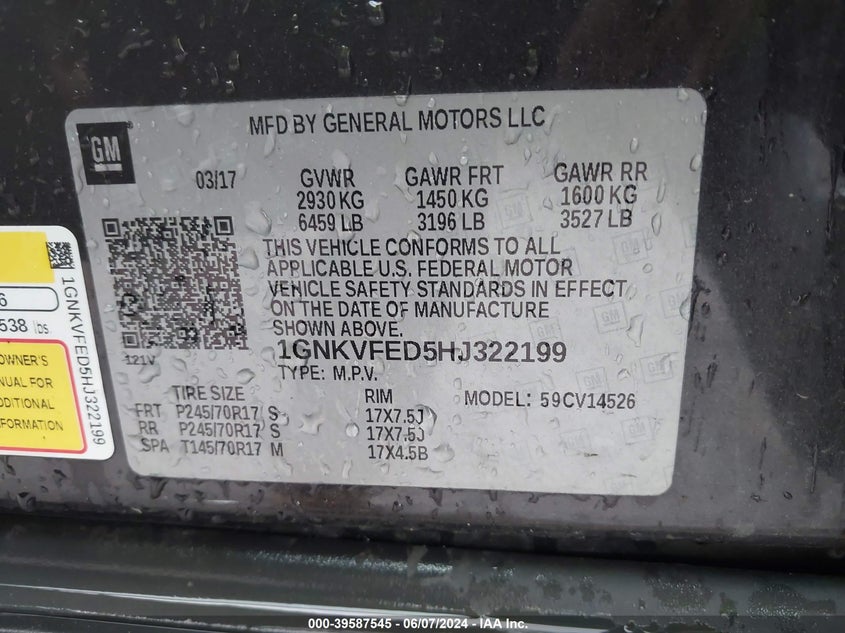 2017 Chevrolet Traverse Ls VIN: 1GNKVFED5HJ322199 Lot: 39587545