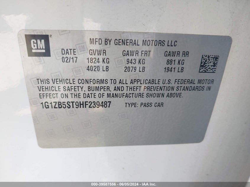 2017 Chevrolet Malibu Ls VIN: 1G1ZB5ST9HF239487 Lot: 39587556