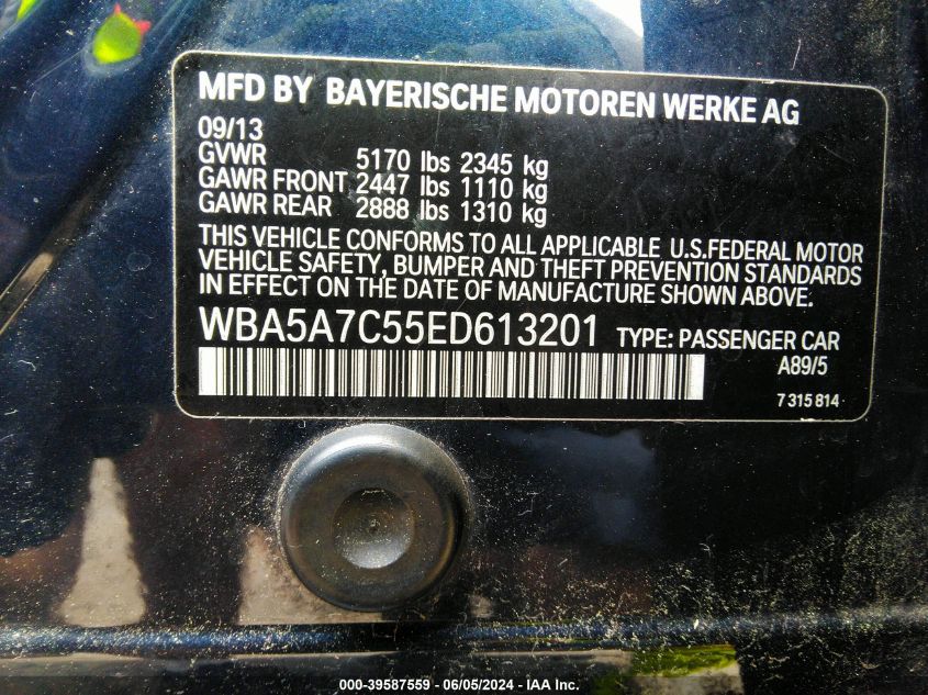 2014 BMW 528I xDrive VIN: WBA5A7C55ED613201 Lot: 39587559