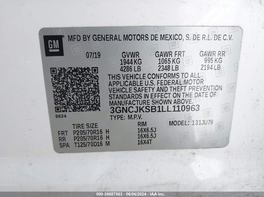 2020 Chevrolet Trax Fwd Ls VIN: 3GNCJKSB1LL110963 Lot: 39587563