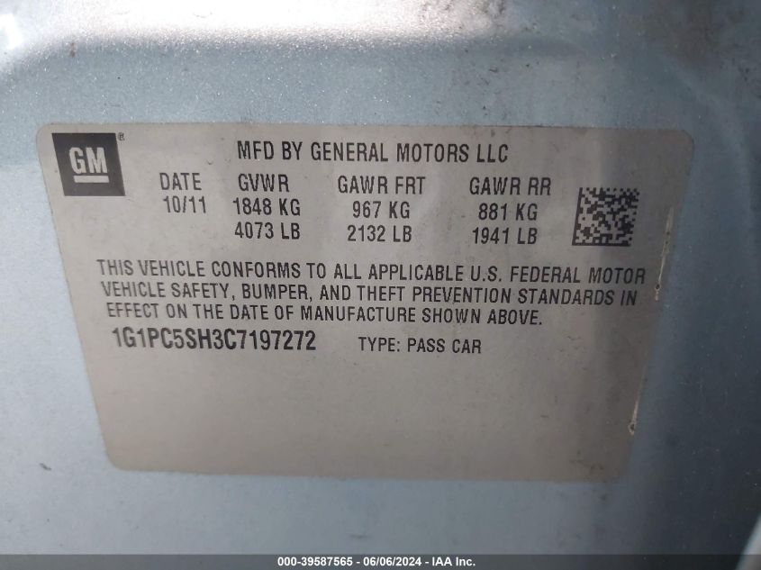 2012 Chevrolet Cruze Ls VIN: 1G1PC5SH3C7197272 Lot: 39587565