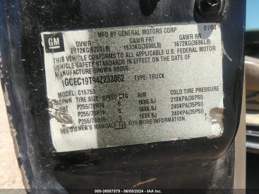 2004 Chevrolet Silverado 1500 VIN: 1GCEC19T94Z233862 Lot: 39587579