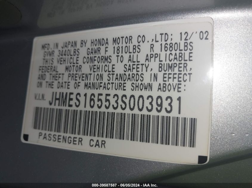 2003 Honda Civic Lx VIN: JHMES16553S003931 Lot: 39587587