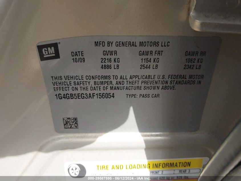 2010 Buick Lacrosse Cx VIN: 1G4GB5EG3AF156054 Lot: 39587595