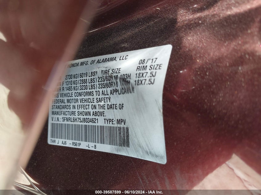2018 Honda Odyssey Ex-L VIN: 5FNRL6H75JB034621 Lot: 39587599