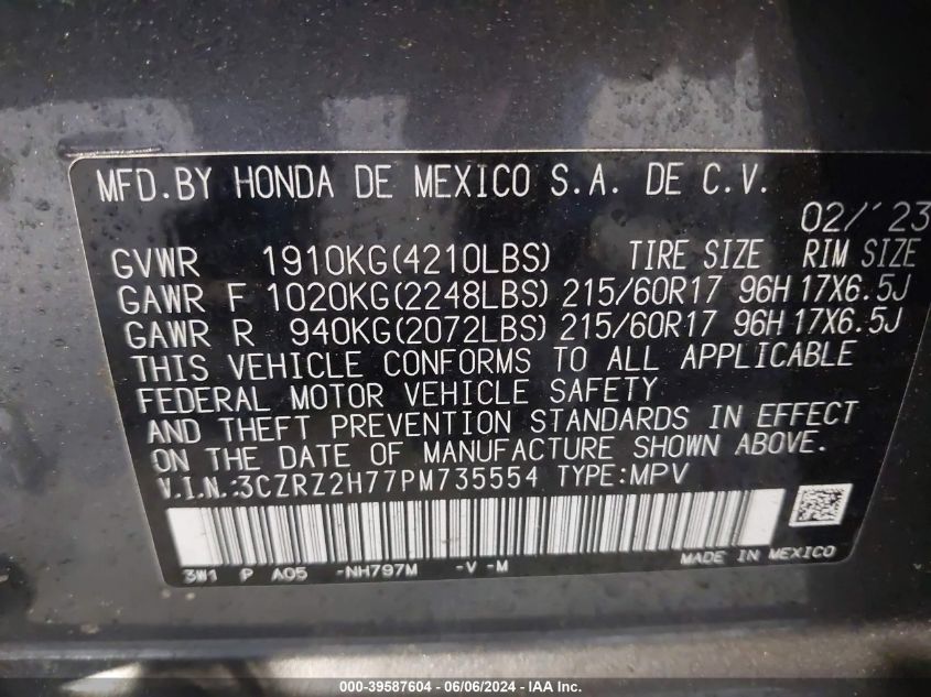 2023 Honda Hr-V Awd Ex-L VIN: 3CZRZ2H77PM735554 Lot: 39587604