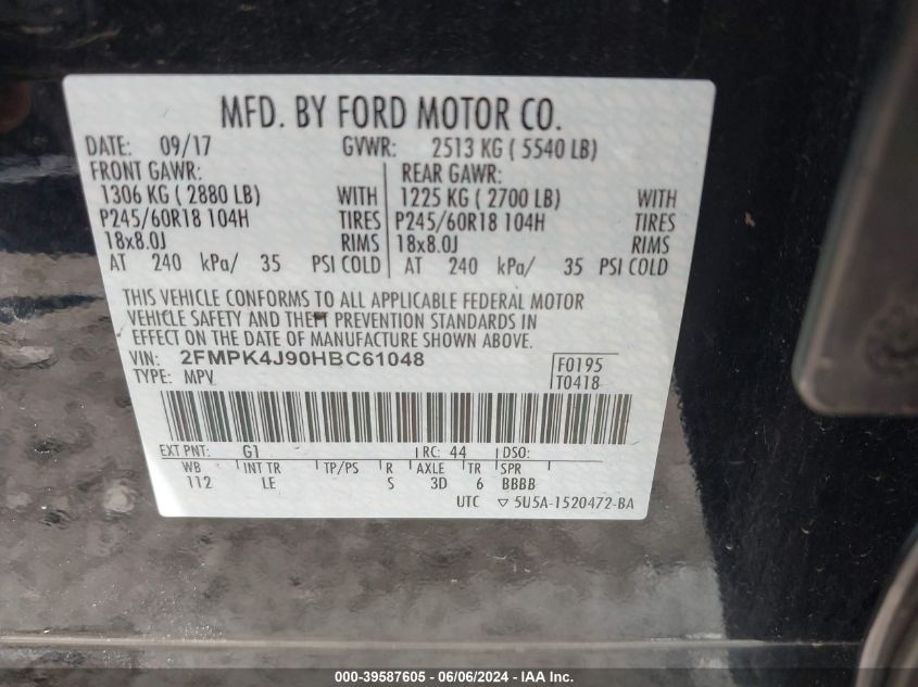 2017 Ford Edge Sel VIN: 2FMPK4J90HBC61048 Lot: 39587605