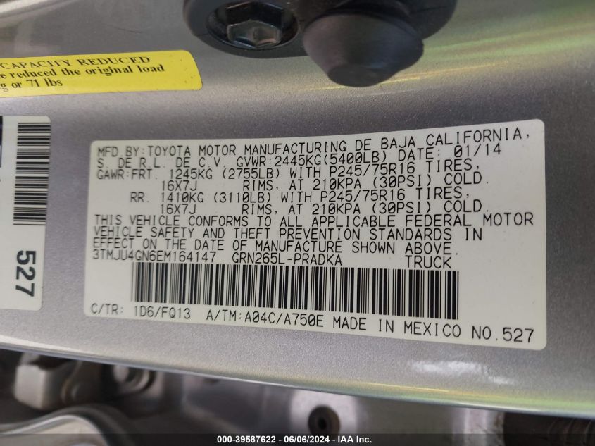 2014 Toyota Tacoma Prerunner V6 VIN: 3TMJU4GN6EM164147 Lot: 39587622