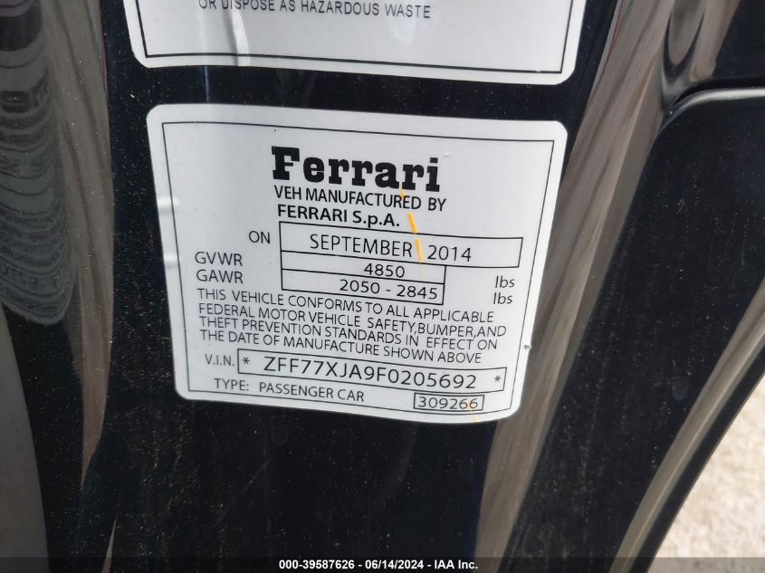 2015 Ferrari California T VIN: ZFF77XJA9F0205692 Lot: 39587626