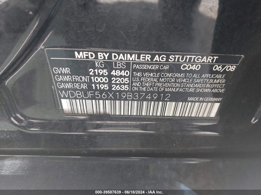 2009 Mercedes-Benz E 350 VIN: WDBUF56X19B374912 Lot: 39587639