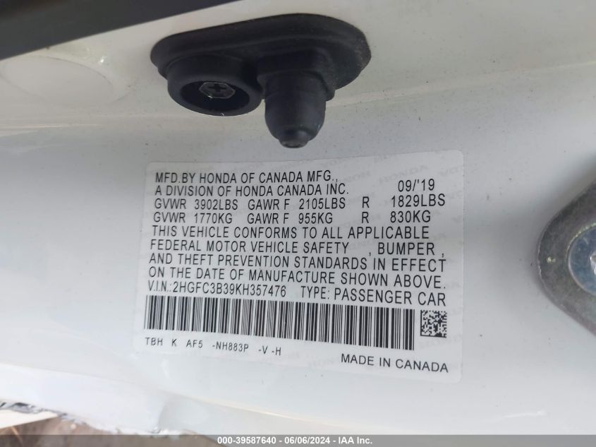 2019 Honda Civic Ex VIN: 2HGFC3B39KH357476 Lot: 39587640