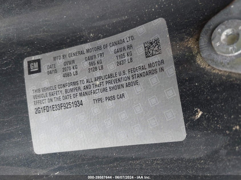 2015 Chevrolet Camaro 1Lt VIN: 2G1FD1E33F9251934 Lot: 39587644