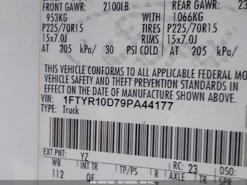 2009 Ford Ranger Sport/Xl/Xlt VIN: 1FTYR10D79PA44177 Lot: 39587648
