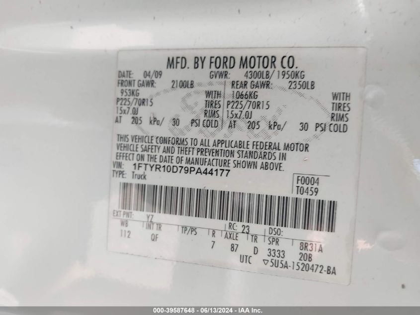 2009 Ford Ranger Sport/Xl/Xlt VIN: 1FTYR10D79PA44177 Lot: 39587648