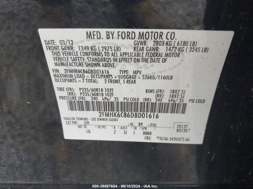 2013 Ford Flex Sel VIN: 2FMHK6C86DBD01616 Lot: 39587654