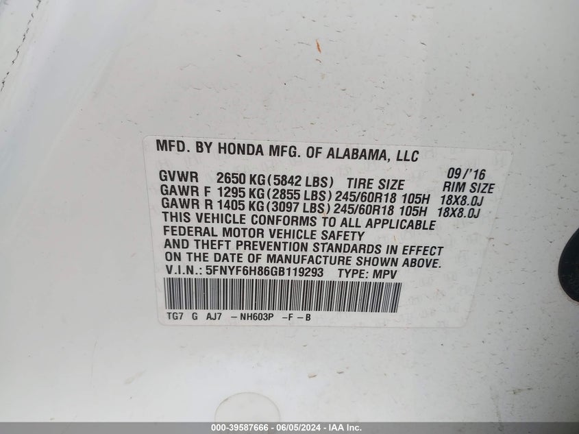 2016 HONDA PILOT EX-L - 5FNYF6H86GB119293