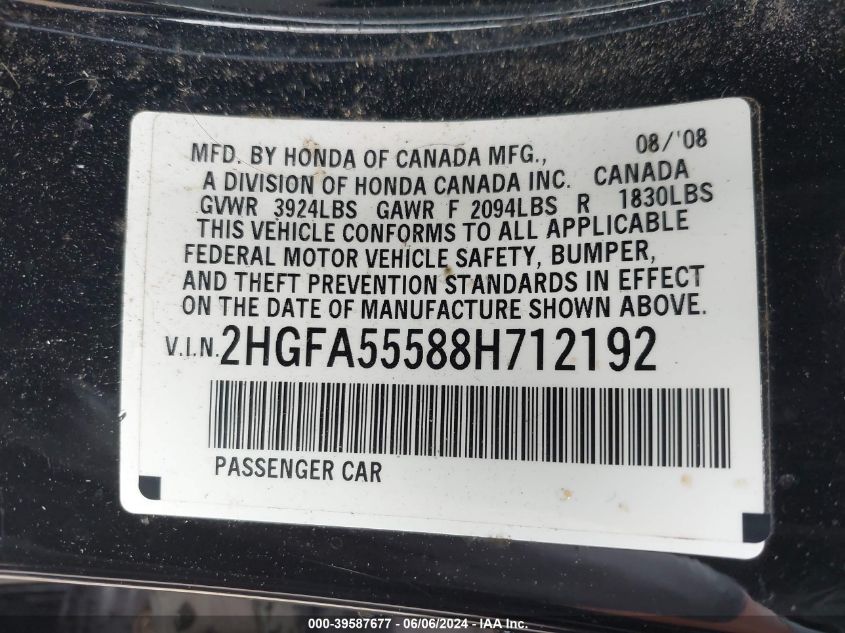 2008 Honda Civic VIN: 28GFA555888712192 Lot: 39587677
