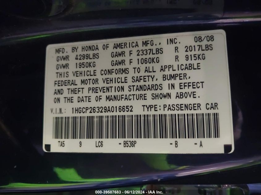 2009 Honda Accord 2.4 Lx VIN: 1HGCP26329A016652 Lot: 39587683