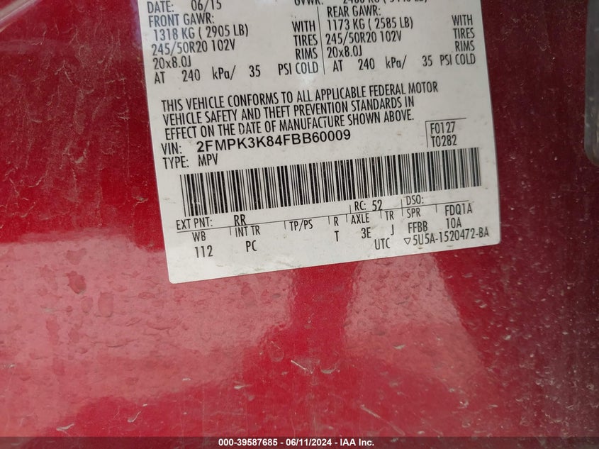 2015 Ford Edge Titanium VIN: 2FMPK3K84FBB60009 Lot: 39587685