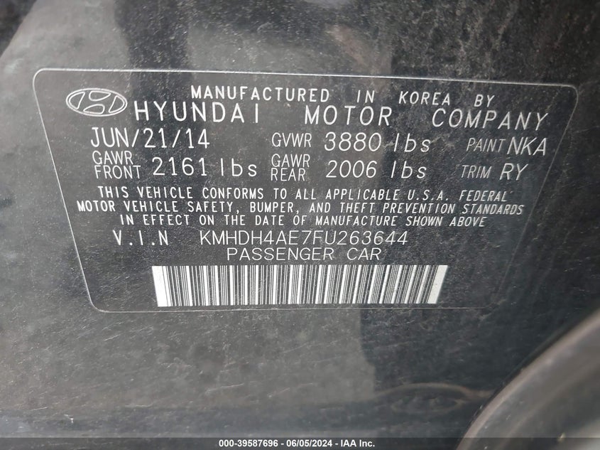 KMHDH4AE7FU263644 2015 Hyundai Elantra Limited