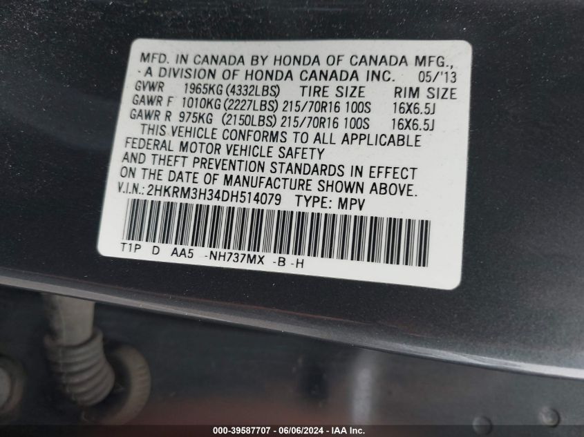 2013 Honda Cr-V Lx VIN: 2HKRM3H34DH514079 Lot: 39587707