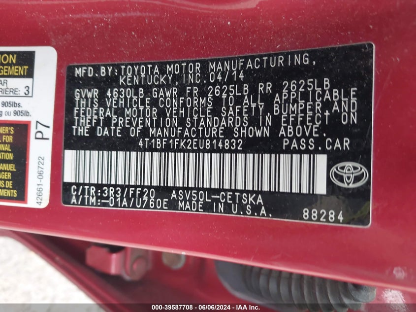 2014 Toyota Camry Se VIN: 4T1BF1FK2EU814832 Lot: 39587708