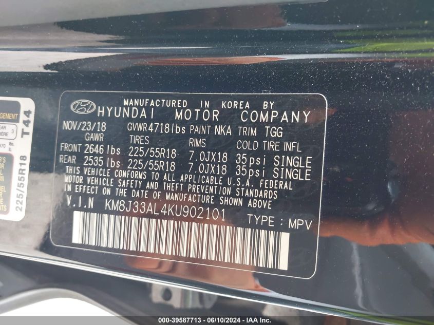 2019 Hyundai Tucson Sel VIN: KM8J33AL4KU902101 Lot: 39587713