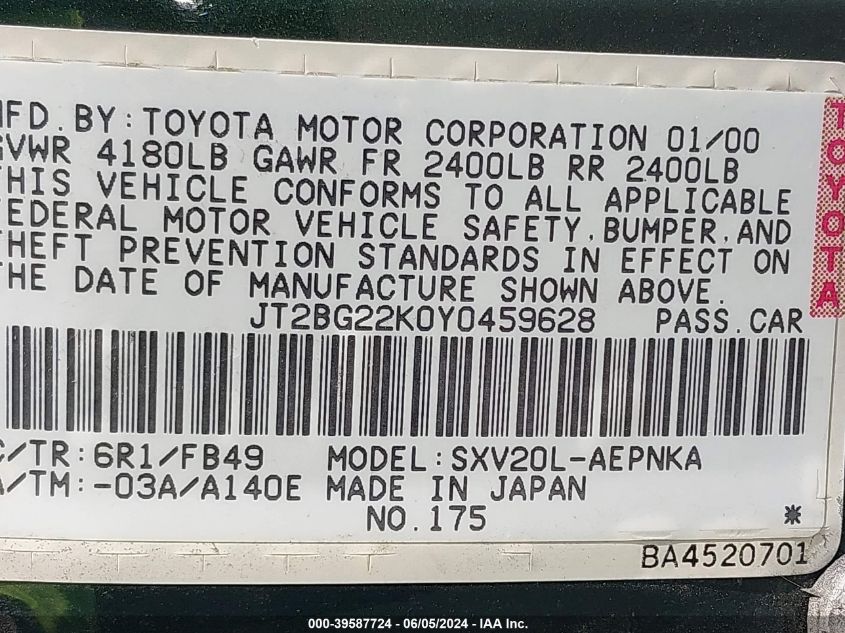 2000 Toyota Camry Le VIN: JT2BG22K0Y0459628 Lot: 39587724