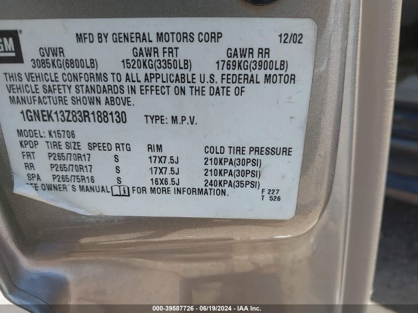 2003 Chevrolet Tahoe Z71 VIN: 1GNEK13Z83R188130 Lot: 39587726