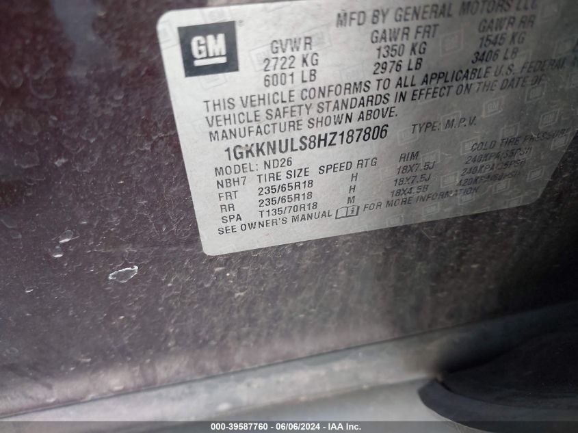 2017 GMC Acadia Slt-1 VIN: 1GKKNULS8HZ187806 Lot: 39587760