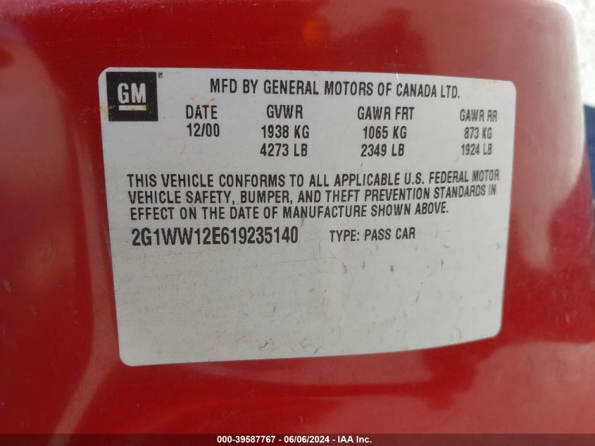 2001 Chevrolet Monte Carlo Ls VIN: 2G1WW12E619235140 Lot: 39587767