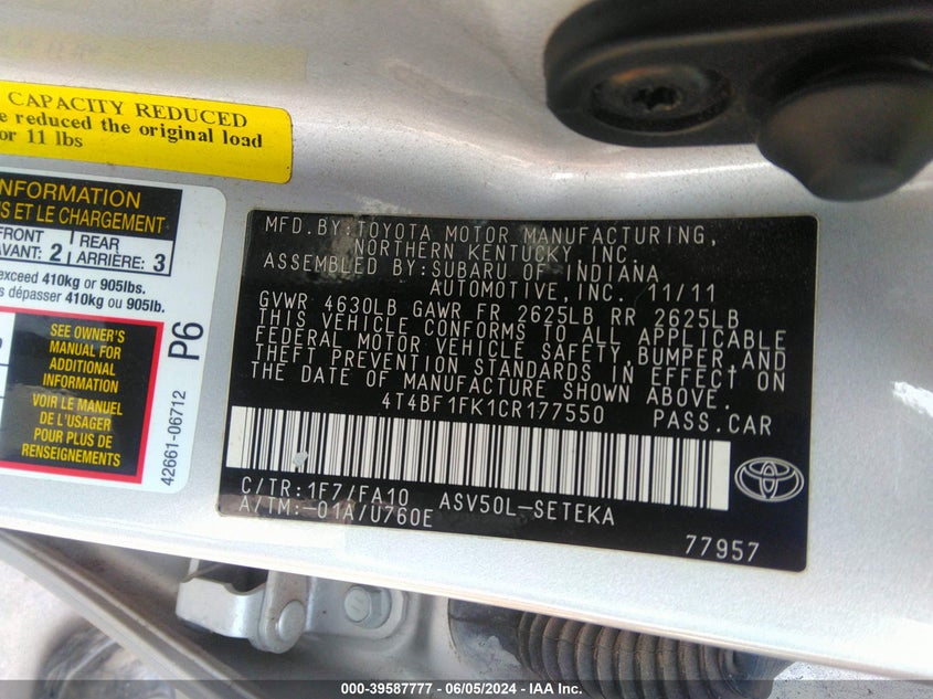 2012 Toyota Camry L VIN: 4T4BF1FK1CR177550 Lot: 39587777