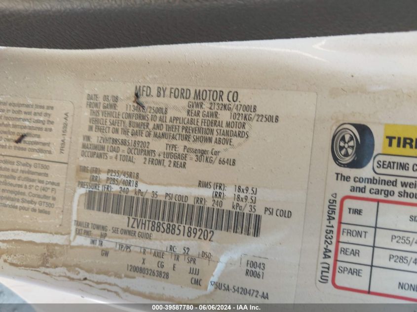 2008 Ford Shelby Gt500 VIN: 1ZVHT88S885189202 Lot: 39587780