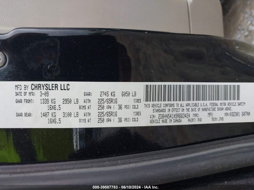 2009 Dodge Grand Caravan Sxt VIN: 2D8HN541X9R663424 Lot: 39587783