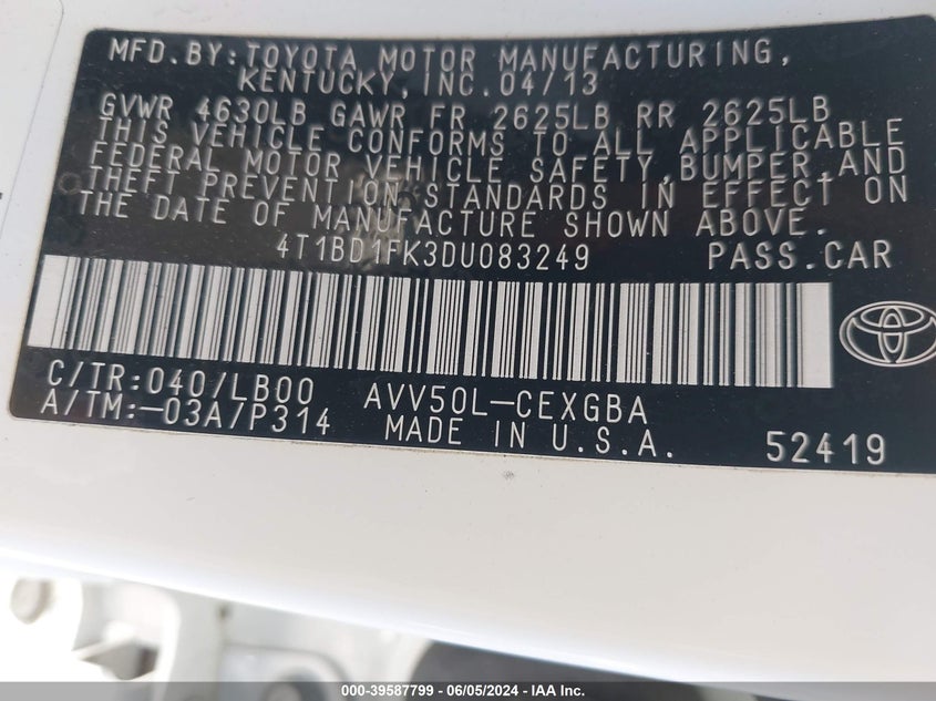 2013 Toyota Camry Hybrid Xle VIN: 4T1BD1FK3DU083249 Lot: 39587799