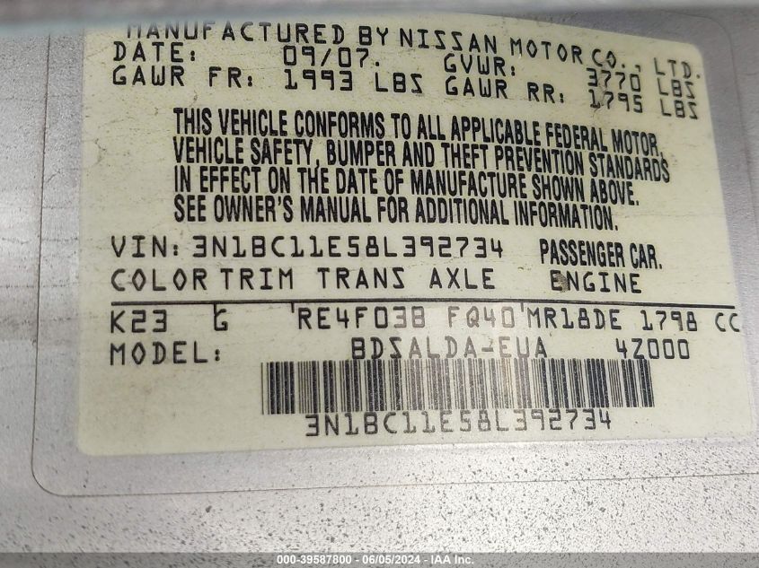 2008 Nissan Versa 1.8S VIN: 3N1BC11E58L392734 Lot: 39587800