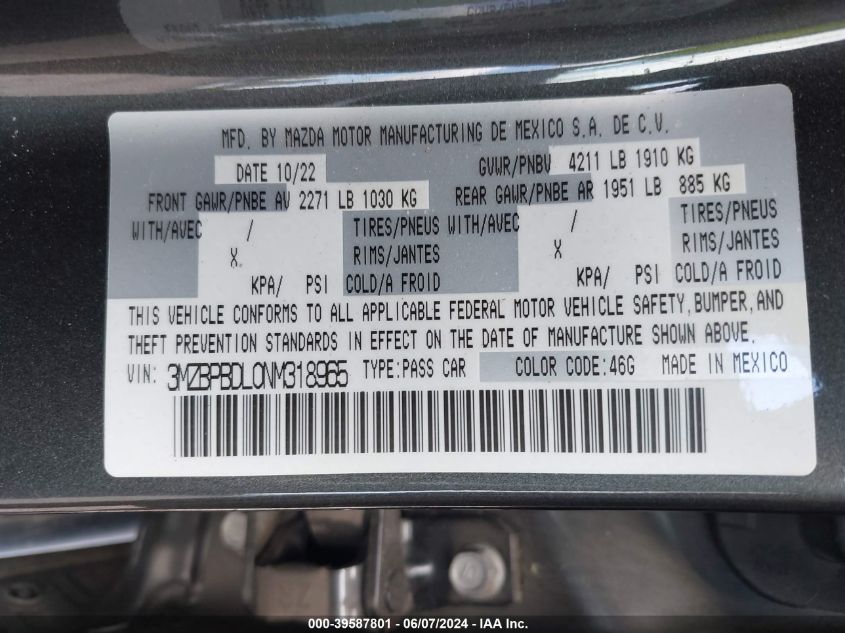 2022 Mazda Mazda3 Premium VIN: 3MZBPBDL0NM318965 Lot: 39587801