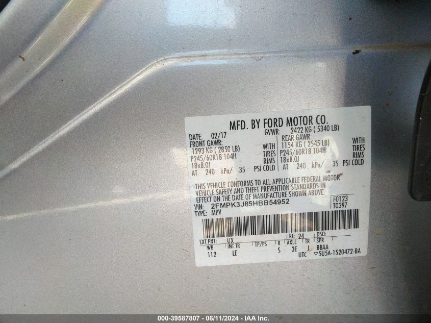 2017 Ford Edge Sel VIN: 2FMPK3J85HBB54952 Lot: 39587807