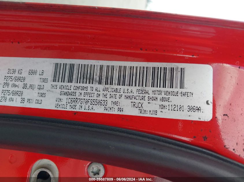 2015 Ram 1500 Big Horn VIN: 1C6RR7GT0FS550633 Lot: 39587809