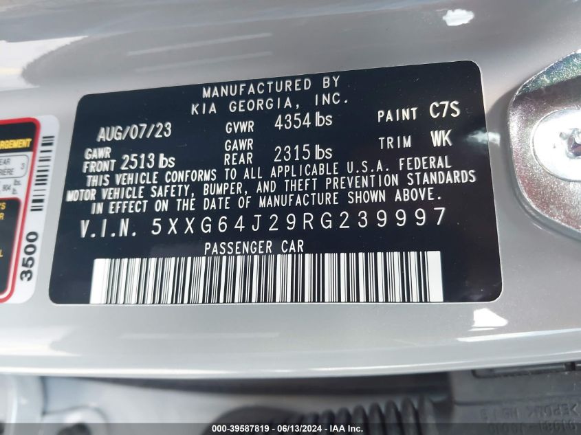 2024 Kia K5 Gt-Line VIN: 5XXG64J29RG239997 Lot: 39587819