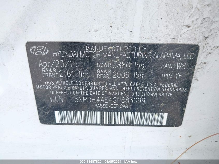 5NPDH4AE4GH683099 | 2016 HYUNDAI ELANTRA