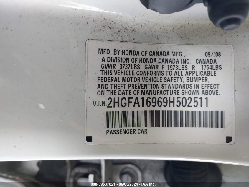 2009 Honda Civic Ex-L VIN: 2HGFA16969H502511 Lot: 39587821