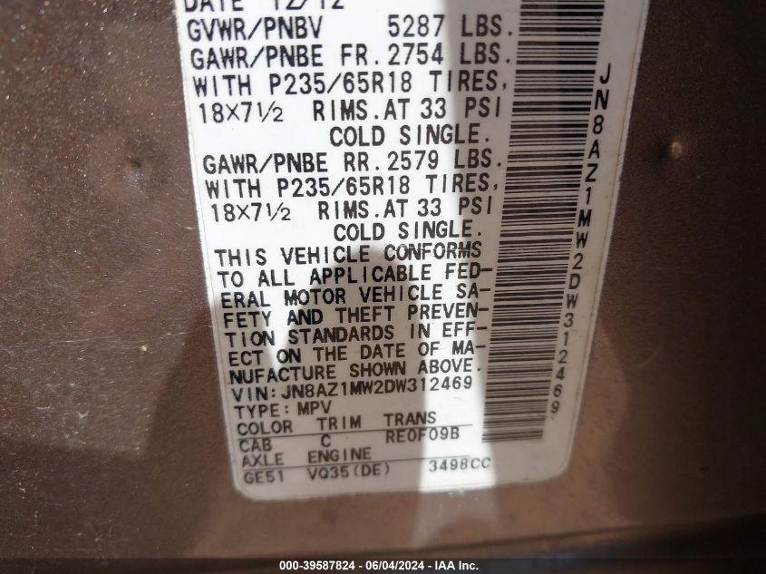 2013 Nissan Murano Sl VIN: JN8AZ1MW2DW312469 Lot: 39587824