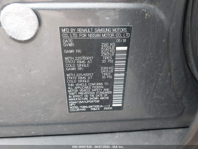 2018 Nissan Rogue Sv VIN: KNMAT2MVXJP597518 Lot: 39587828