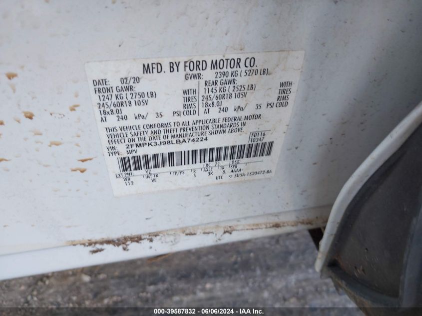 2020 Ford Edge Sel VIN: 2FMPK3J98LBA74224 Lot: 39587832