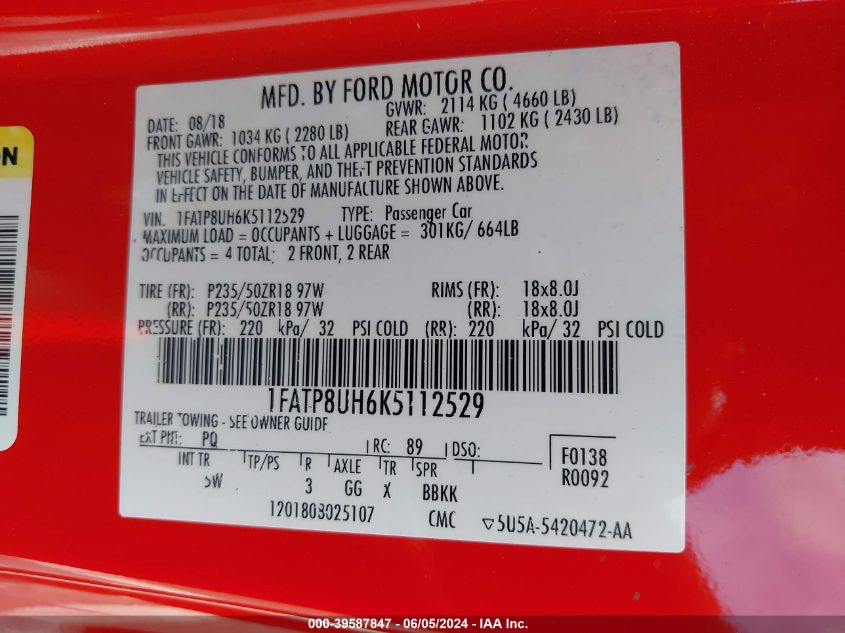 2019 Ford Mustang Ecoboost Premium VIN: 1FATP8UH6K5112529 Lot: 39587847