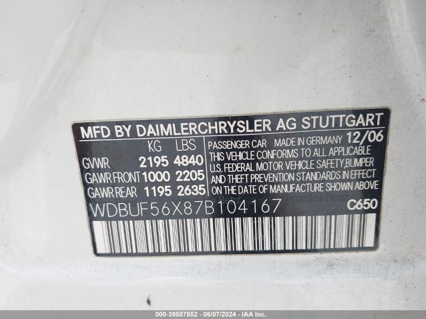 2007 Mercedes-Benz E 350 VIN: WDBUF56X87B104167 Lot: 39587852